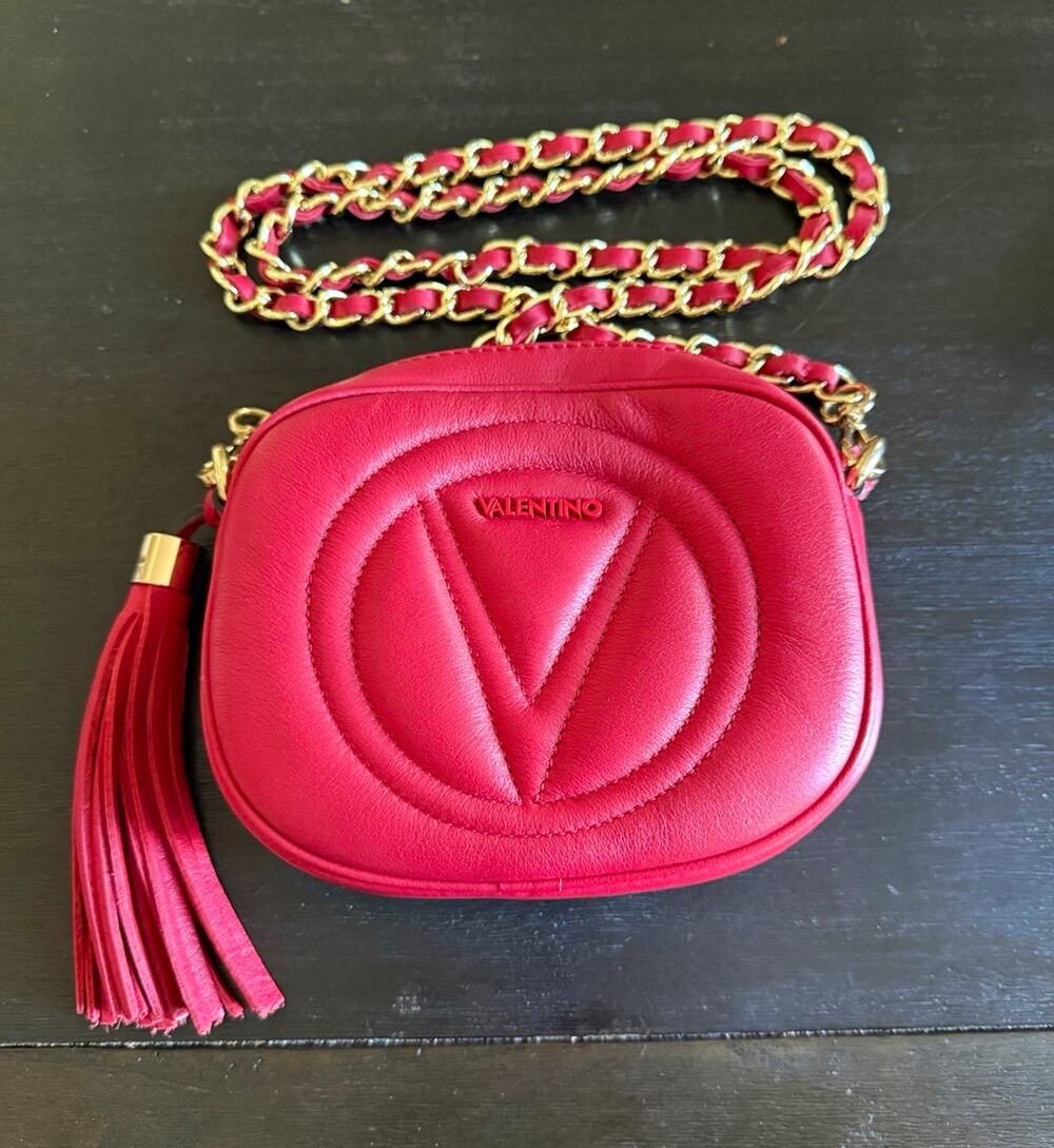 Valentino Red Quilted Leather V Logo Crossbody Bag Zip Tassel, Detachable Strap